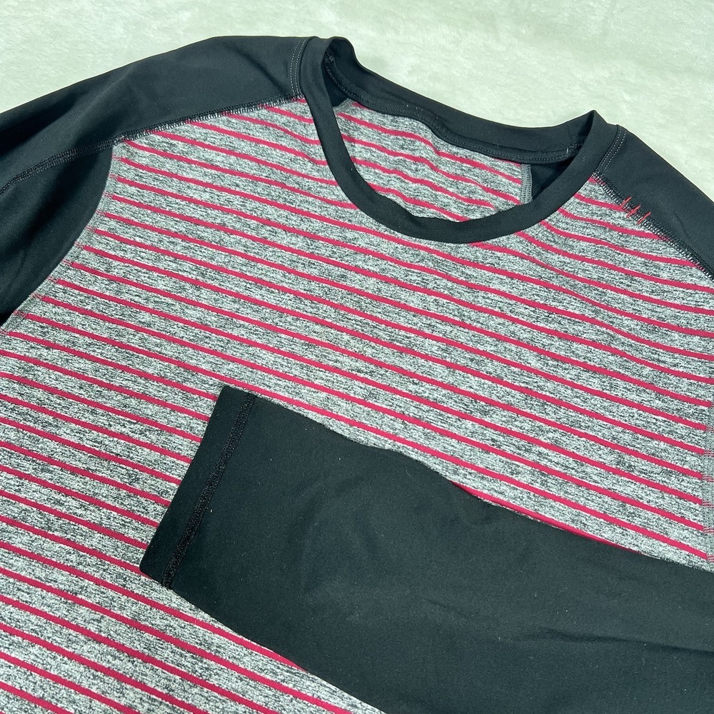 Lululemon Shirt Men Lrg Red Surge Warm Black‎ Stripe Crew Long Sleeve Athleisure